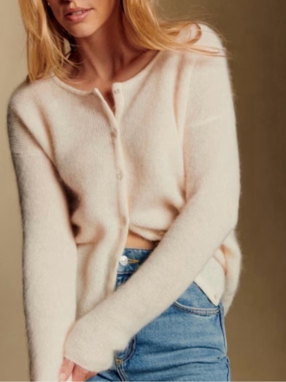Sezane Pale Pink Fuzzy Button-Up Cardigan
